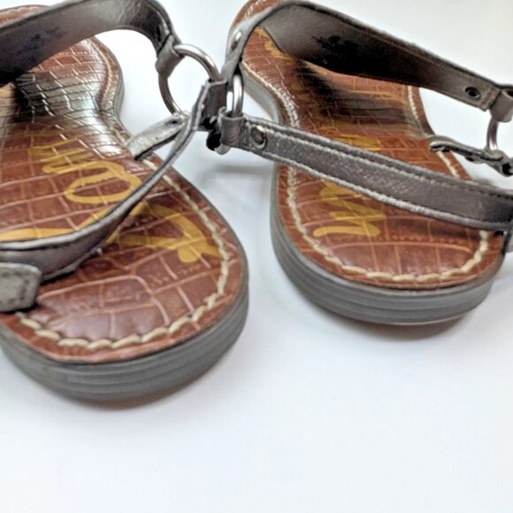Sam Edelman 9M Greta Light Gold Metallic Leather T Strap Flat Sandals - Picture 5 of 6